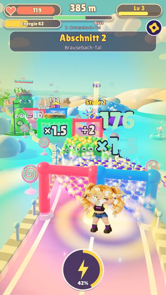 Gameplay: section 2, the Soda Brook valley with turquoise water and a gate.