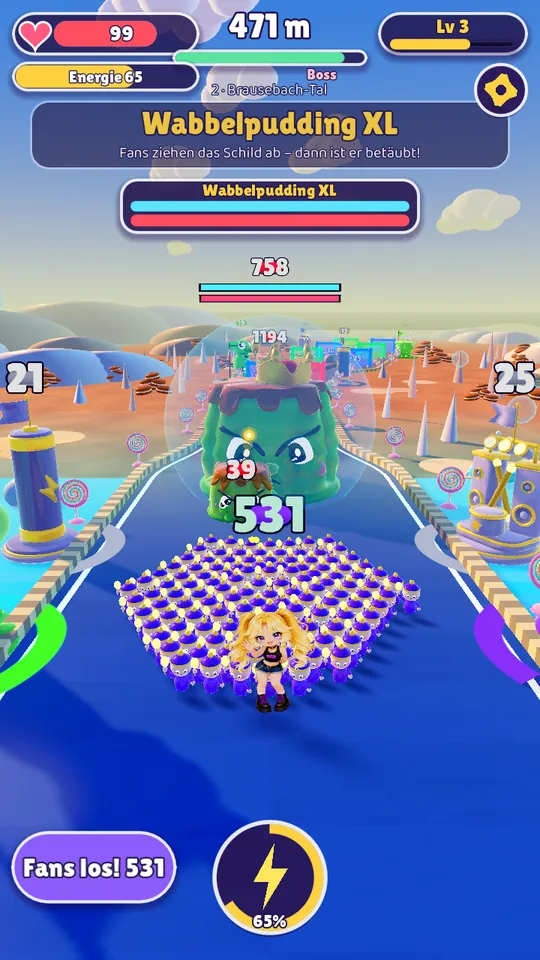 Game screenshot: the boss Wobble Pudding XL with a health bar above the fan squad.