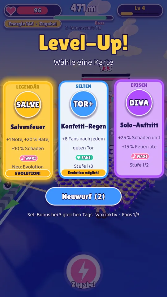 Game screenshot: level-up, pick one of three cards.