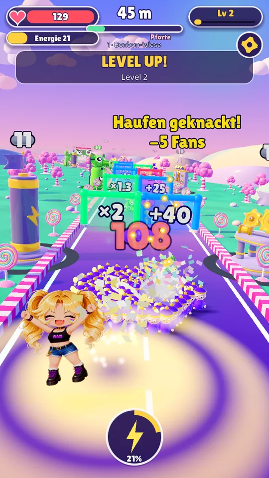 Gameplay: Waxi's fans crash into the slime, confetti flies, the message “Haufen geknackt” appears.