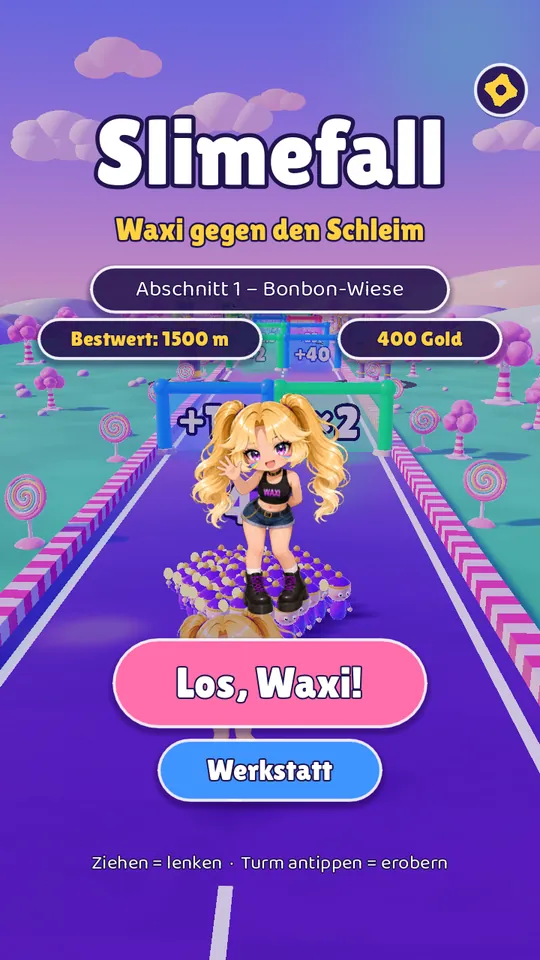 Start screen: Waxi on the road, with the section name and the button “Los, Waxi!”.